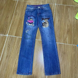 Teenie Weenie Y2K Dark Washed Blue Straight Embroidered Mid Rise Pocket S Lady